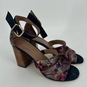 Anthropologie Mosiac Heels Shoes Sandals Fabric Purple Butterfly Block Heel 37 7